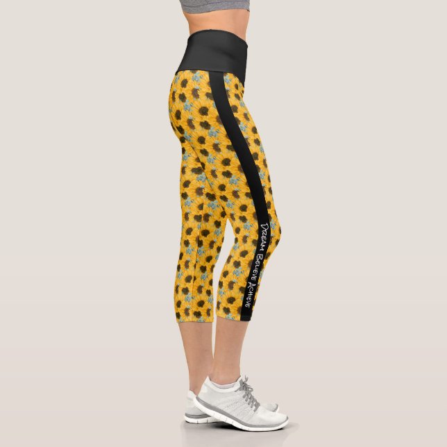 Personalized Text Sunflower Floral Black Stripe Capri Leggings (Right)