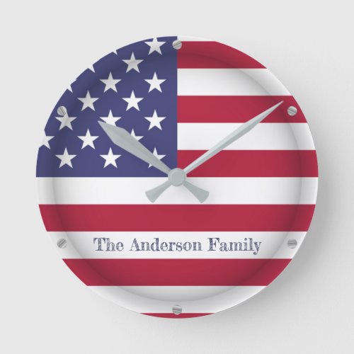 Personalized TEXT USA Proud American Flag Country Round Clock