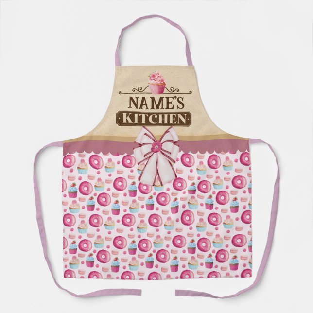 Personalized Text, Watercolor Cupcake and donut  Apron (Front)