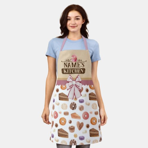 Personalized Text Watercolor Pink Cupcake and Bow Apron