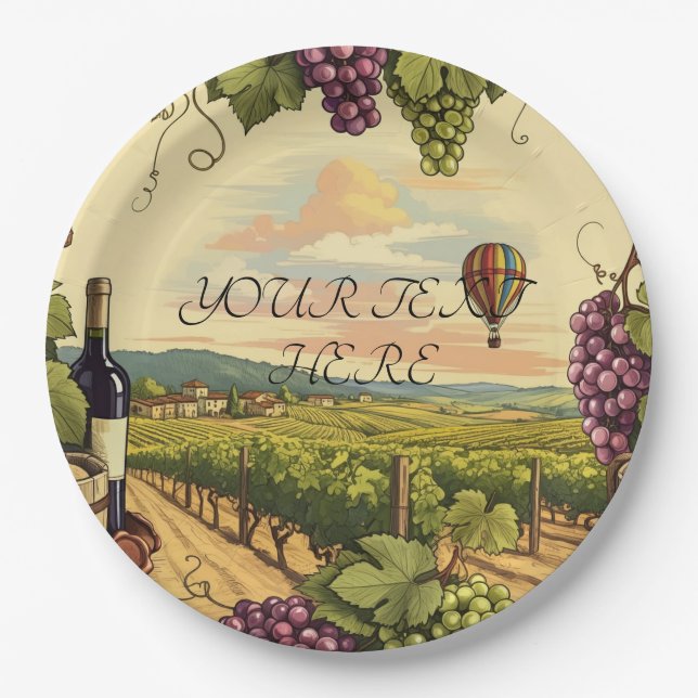 Personalized Text Wine Country Hot Air Balloon Paper Plates (Front)