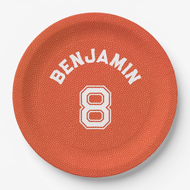 Personalized textured Basketball Kids Party Paper Plates (Front)