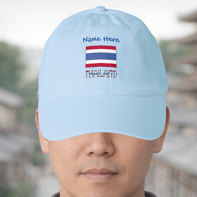 Personalized Thailand Flag Hat (Personalized dad hat has Thai Flag and THAILAND below in flag colors. Add a name above in blue text.)