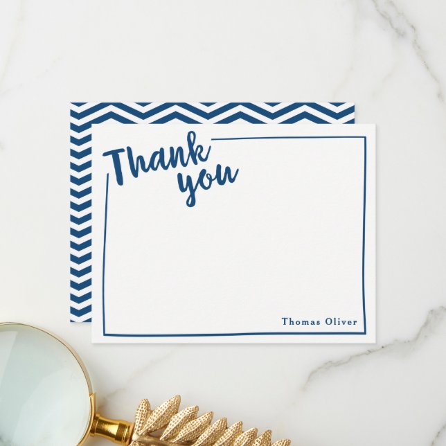 Personalized Thank You Flat Note, Navy Blue Script (Front/Back In Situ)