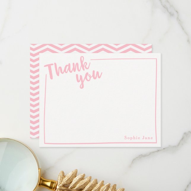 Personalized Thank You Flat Note, Pink Script (Front/Back In Situ)
