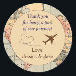 Personalized Thank You Stickers- Wedding Favors Classic Round Sticker<br><div class="desc">These stickers, designed by Esthetic Journeys, feature a map background with an adorable airplane with heart graphic. They are perfect for the destination wedding or for the couple who loves to travel. Perfect addition to your save the dates, use on the envelope for a special touch. These stickers can be...</div>