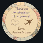 Personalized Thank You Stickers- Wedding Favors Classic Round Sticker<br><div class="desc">These stickers, designed by Esthetic Journeys, feature a map background with an adorable airplane with heart graphic. They are perfect for the destination wedding or for the couple who loves to travel. Perfect addition to your save the dates, use on the envelope for a special touch. These stickers can be...</div>