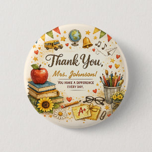  Personalized Thank You Teacher Watercolor Gift Button