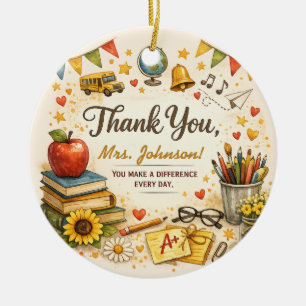 Personalized Thank You Teacher Watercolor Gift Ceramic Ornament