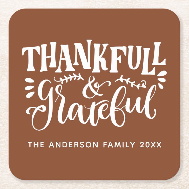 Personalized Thankful & Grateful Fall Square Paper Coaster (Front)