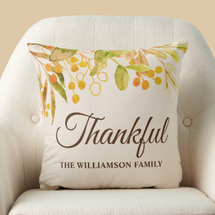 Personalized Thankful Watercolor Foliage Throw Pillow