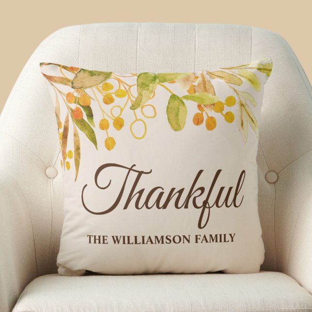 Personalized Thankful Watercolor Foliage Throw Pillow (Creator Uploaded)