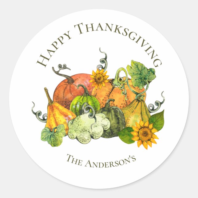Personalized Thanksgiving Fall Autumn Pumpkins Classic Round Sticker (Front)
