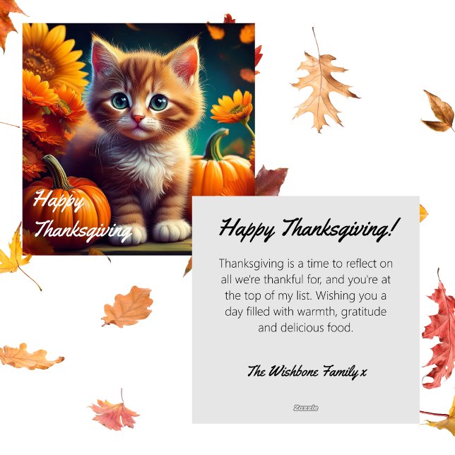Personalized Thanksgiving | Orange Cat & Pumpkin Holiday Card (Happy Thanksgiving Ginger Kitten pumpkins sunflower autumn leaves greeting card cute cat feline)
