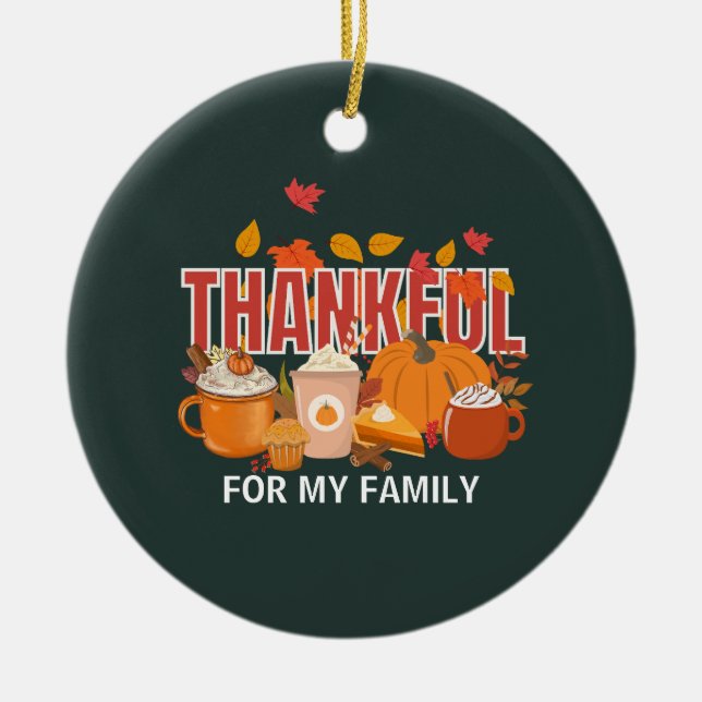 Personalized Thanksgiving Pumpkin THANKFUL Family Ceramic Ornament (Front)