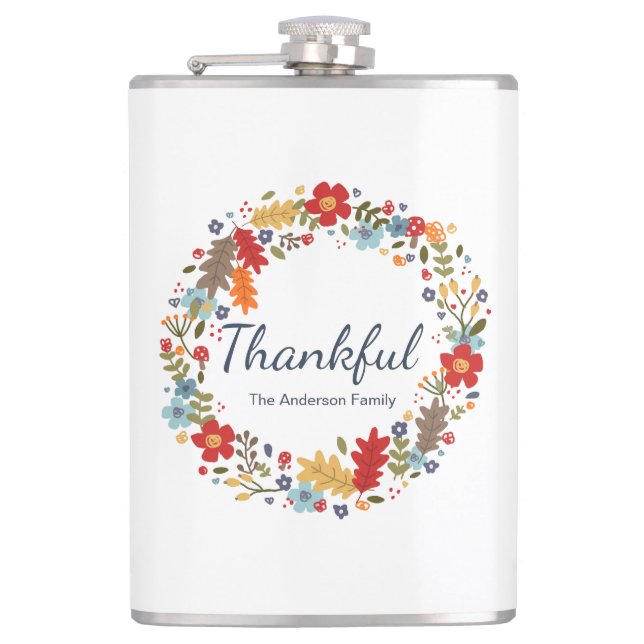Personalized Thanksgiving Thankful Fall  Flask (Front)