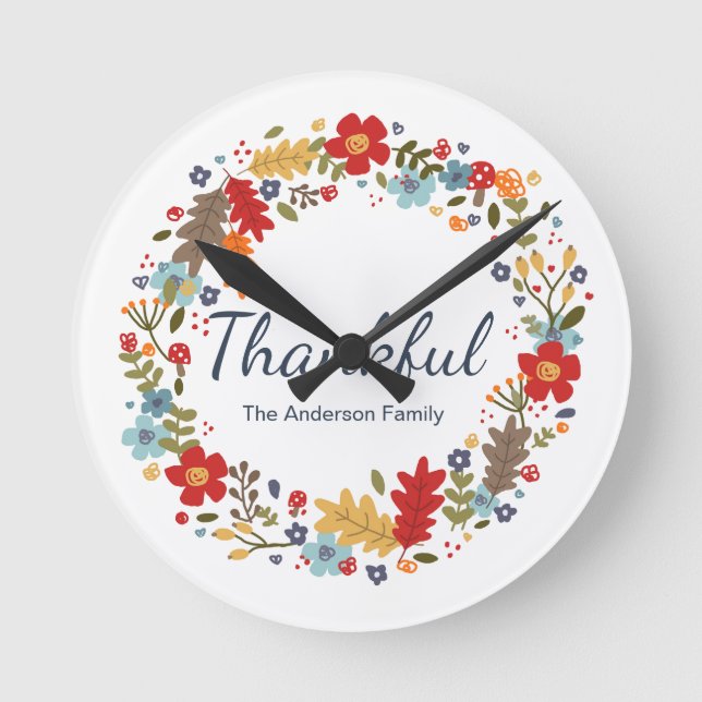 Personalized Thanksgiving Thankful Fall  Round Clock (Front)