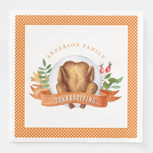 Personalized Thanksgiving Turkey Dinner Paper Dinner Napkins (Front)