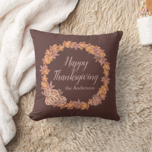 Personalized Thanksgiving Watercolor Fall Leaves Throw Pillow