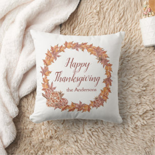 Personalized Thanksgiving Watercolor Fall Leaves Throw Pillow