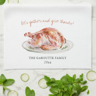 Personalized Thanksgiving Watercolor Turkey Kitchen Towel