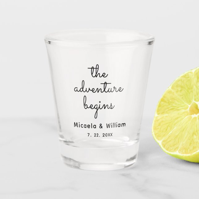 Personalized the adventure begins shot glass (Front)
