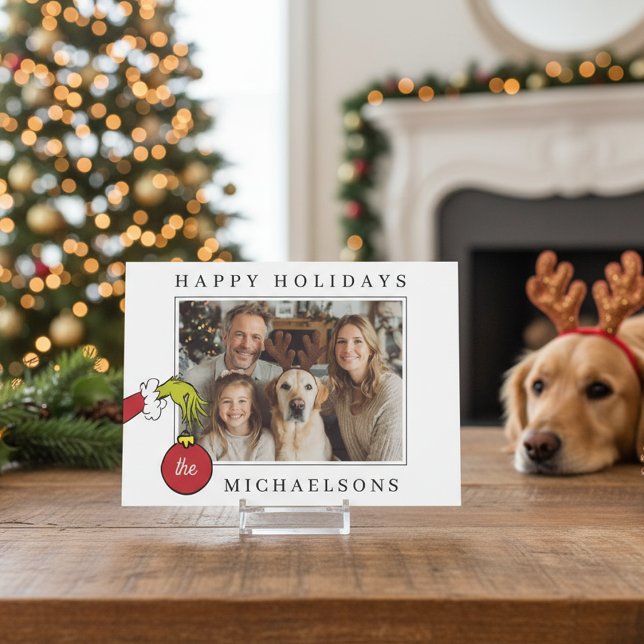 Personalized The Grinch Holding Ornament Photo Holiday Card (Creator Uploaded)