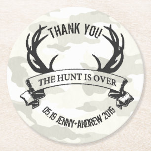 Personalized "The Hunt is Over" Rustic Wedding Round Paper Coaster