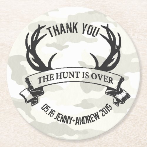 Personalized The Hunt is Over Rustic Wedding Round Paper Coaster