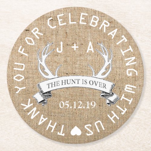 Personalized The Hunt is Over Wedding Favor Round Paper Coaster