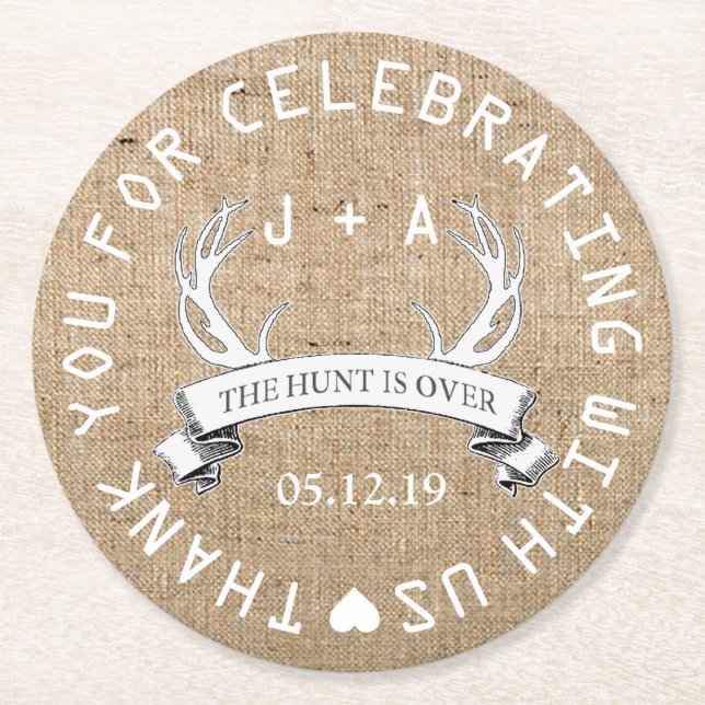 Personalized The Hunt is Over Wedding Favor Round Paper Coaster (Front)