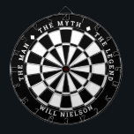 Personalized "The man, the myth, the legend" Black Dart Board<br><div class="desc">Great gift for guys. 2-color dartboard (customizable colors) with the curved text on top: "THE MYTH" "THE MAN" "THE LEGEND" separated by diamond symbols. Curved text on the bottom for the name of the recipient.
If you need help with this design,  please email me at help@customandcrafted.com</div>