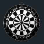 Personalized "The man, the myth, the legend" Black Dart Board<br><div class="desc">Great gift for guys. 2-color dartboard (customizable colors) with the curved text on top: "THE MYTH" "THE MAN" "THE LEGEND" separated by diamond symbols. Curved text on the bottom for the name of the recipient.
If you need help with this design,  please email me at help@customandcrafted.com</div>