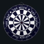 Personalized "The man, the myth, the legend" Name Dart Board<br><div class="desc">Great gift for guys. 2-color dartboard (customizable colors) with the curved text on top: "THE MYTH" "THE MAN" "THE LEGEND" separated by diamond symbols. Curved text on the bottom for the name of the recipient.
If you need help with this design,  please email me at help@customandcrafted.com</div>