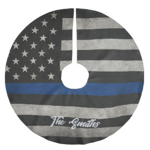 Personalized Thin Blue Line American Flag Brushed Polyester Tree Skirt