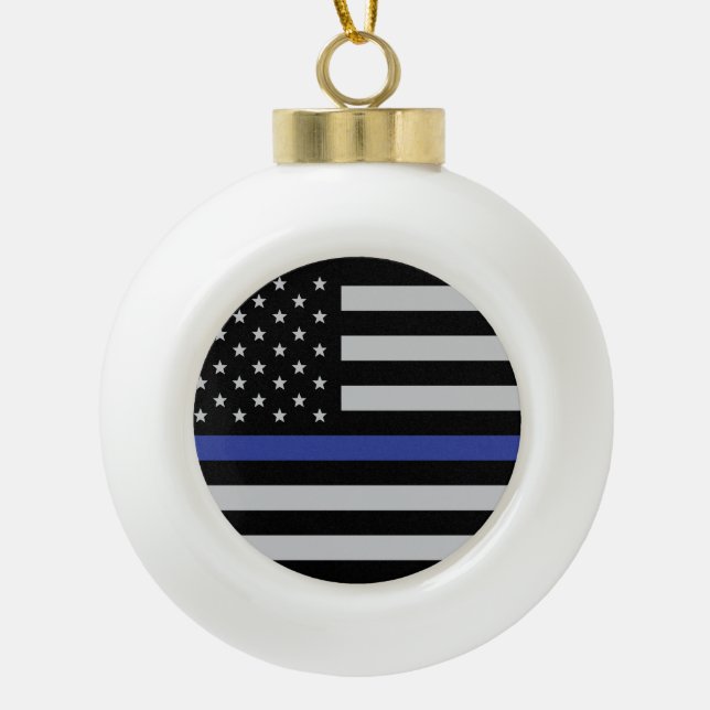 Personalized Thin Blue Line American Flag Ceramic Ball Christmas Ornament (Front)