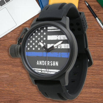Personalized Thin Blue Line American Flag Police Watch by BlackDogArtJudy at Zazzle