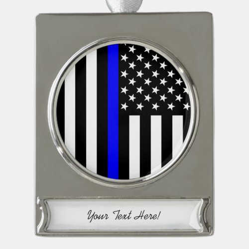 Personalized Thin Blue Line American Flag Silver Plated Banner Ornament