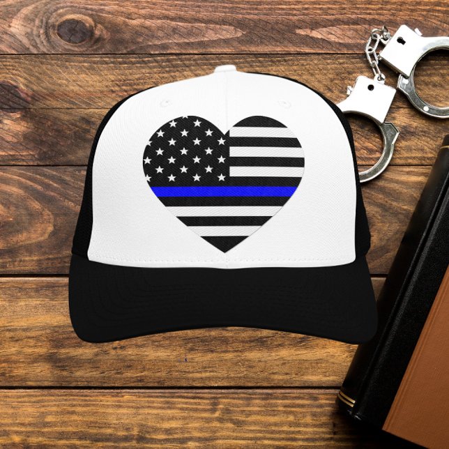Personalized Thin Blue Line American Flag Trucker Hat (Creator Uploaded)