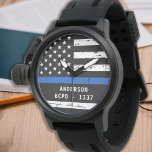 Personalized Thin Blue Line Badge Number Police Watch<br><div class="desc">Celebrate and show your appreciation to an outstanding Police Officer with this Thin Blue Line Police Watch - American flag design in Police Flag colors, distressed design . Perfect for service awards and Police Graduation gifts or police retirement gifts. Personalize with badge number. COPYRIGHT © 2020 Judy Burrows, Black Dog...</div>