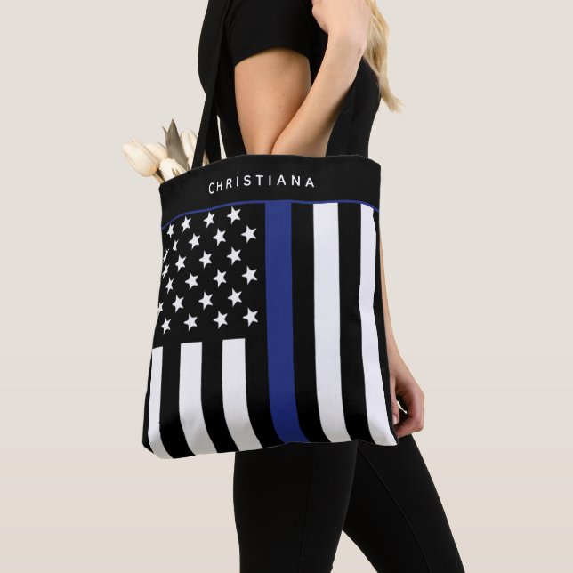 Personalized Thin Blue Line Flag Police Officer Tote Bag (Close Up)
