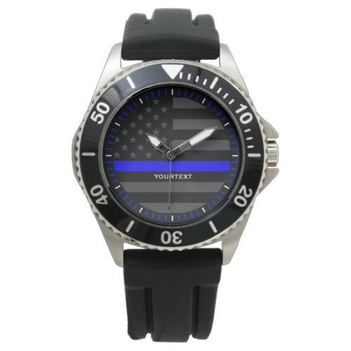 Personalized Thin Blue Line Graphic Grey US Flag Watch