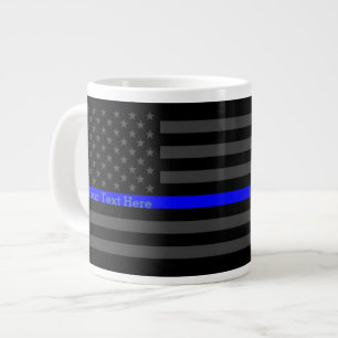 Personalized Thin Blue Line Grey US Flag Design Large Coffee Mug