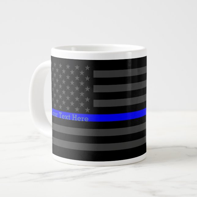 Personalized Thin Blue Line Grey US Flag Design Large Coffee Mug (Front Left)