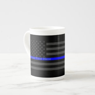 Personalized Thin Blue Line Grey US Flag Graphic Bone China Mug