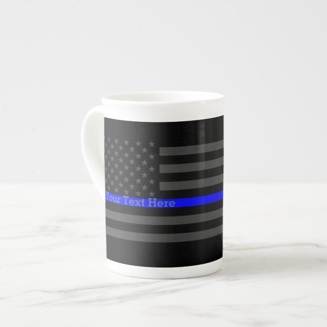 Personalized Thin Blue Line Grey US Flag Graphic Bone China Mug (Front Left)