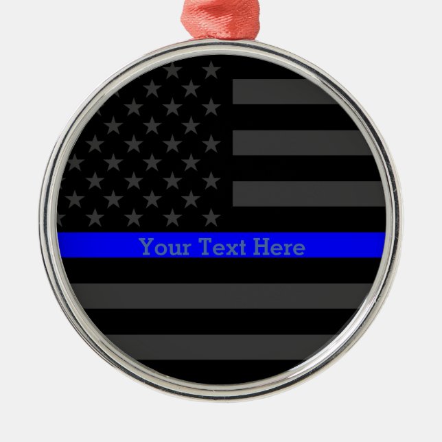 Personalized Thin Blue Line Grey US Flag Keepsake Metal Ornament (Front)