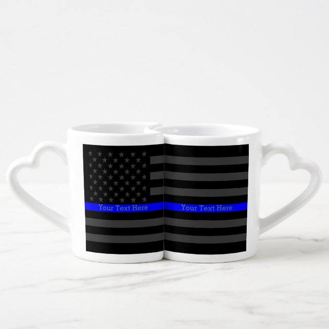 Personalized Thin Blue Line Grey US Flag set Coffee Mug Set (Back Nesting)
