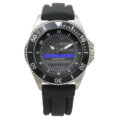 Personalized Thin Blue Line Grey US Flag Watch