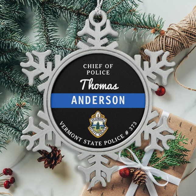 Personalized Thin Blue Line Logo Police Officer Snowflake Pewter Christmas Ornament (Creator Uploaded)